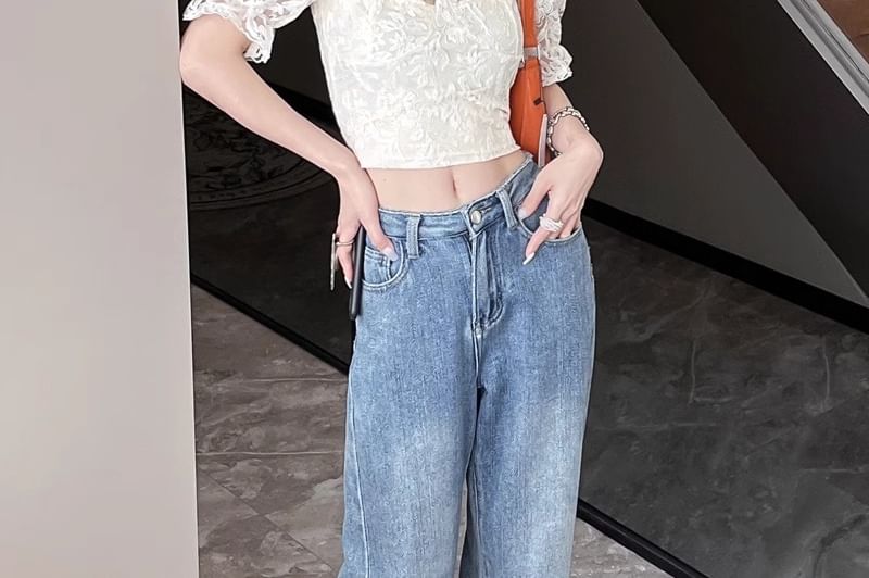 Short-Sleeve Off-The-Shoulder Lace Ruffle Trim Crop Top