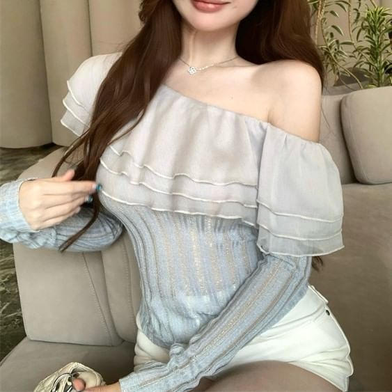 Long-Sleeve One Shoulder Plain Ruffle Trim Glitter Crop Top