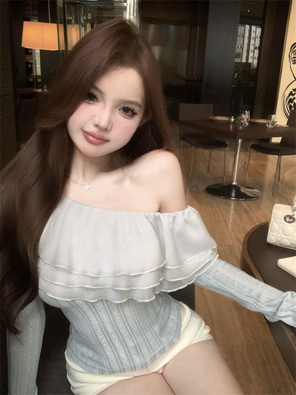 Long-Sleeve One Shoulder Plain Ruffle Trim Glitter Crop Top