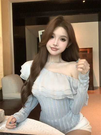 Long-Sleeve One Shoulder Plain Ruffle Trim Glitter Crop Top