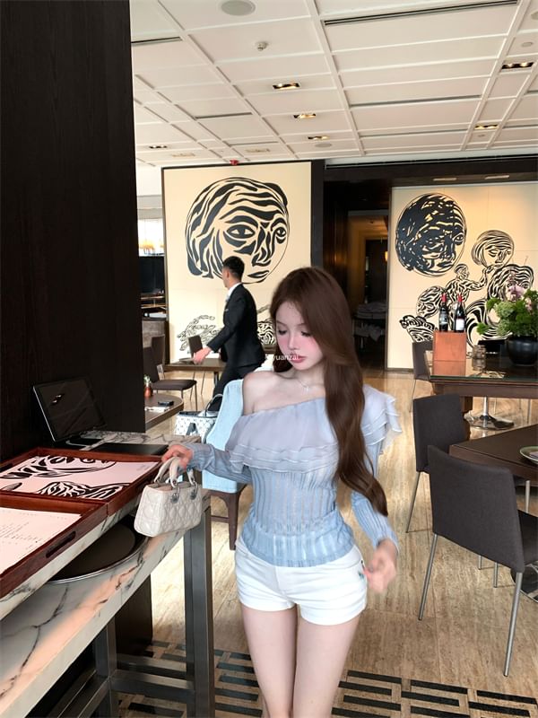 Long-Sleeve One Shoulder Plain Ruffle Trim Glitter Crop Top