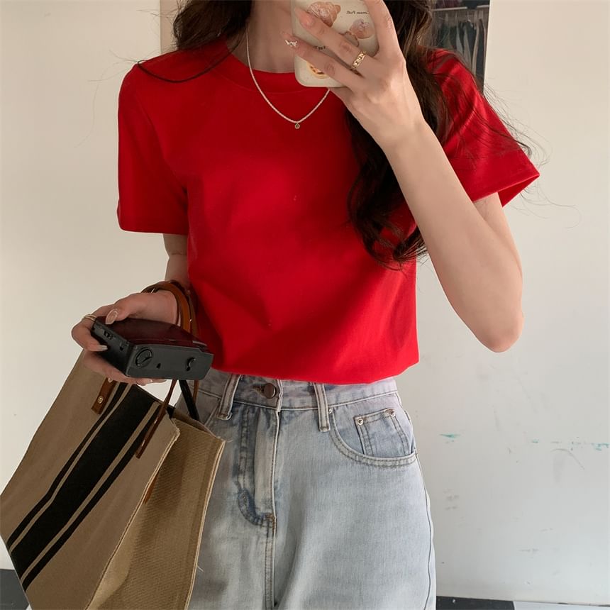 Short-Sleeve Crewneck Plain Crop T-Shirt