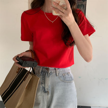 Short-Sleeve Crewneck Plain Crop T-Shirt