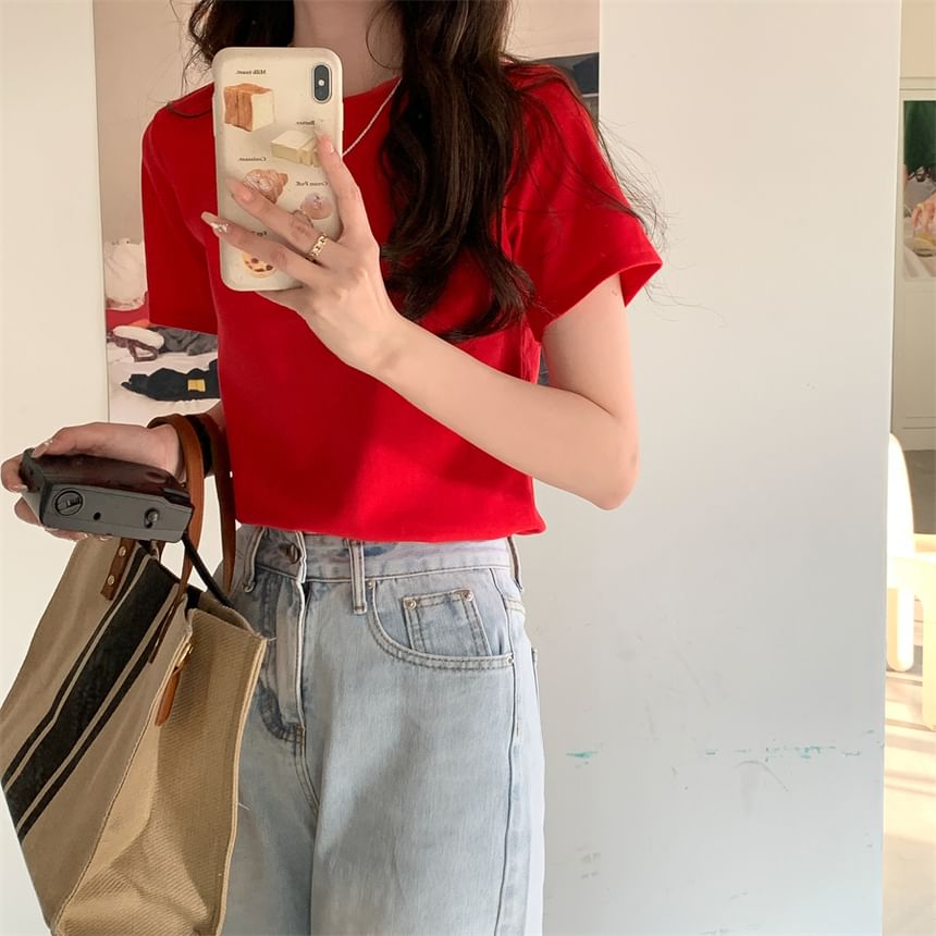 Short-Sleeve Crewneck Plain Crop T-Shirt