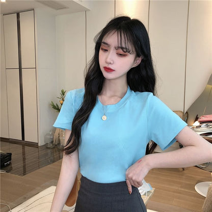 Short-Sleeve Crewneck Plain Crop T-Shirt