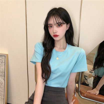 Short-Sleeve Crewneck Plain Crop T-Shirt