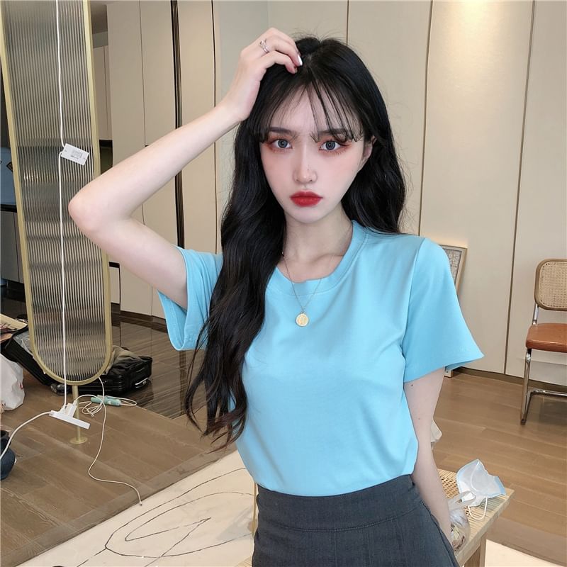Short-Sleeve Crewneck Plain Crop T-Shirt