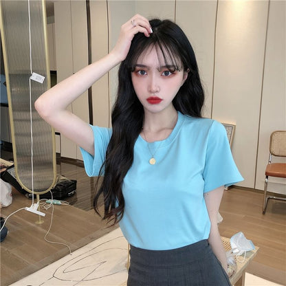 Short-Sleeve Crewneck Plain Crop T-Shirt