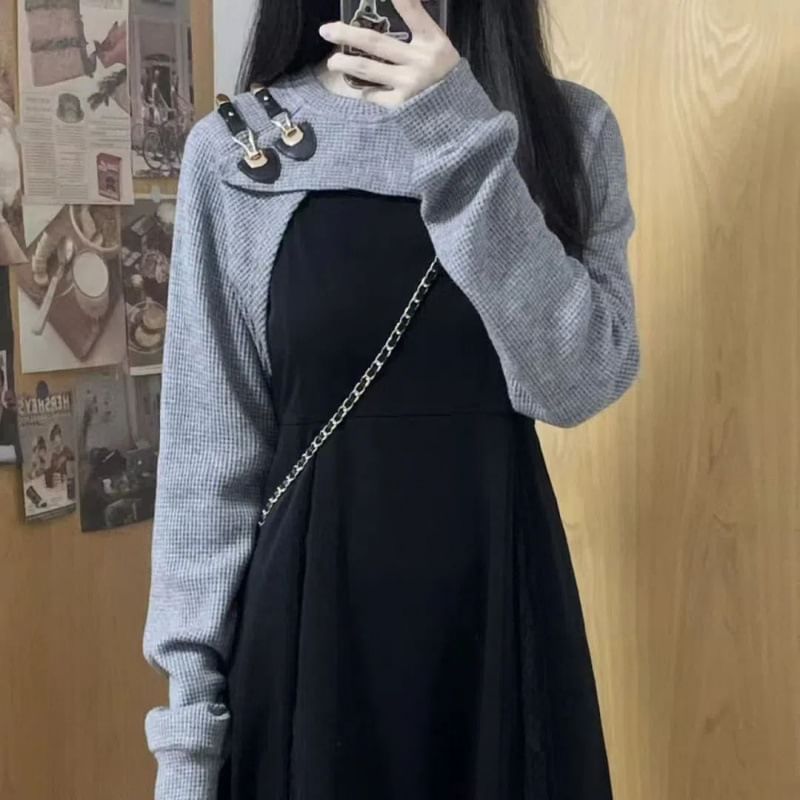 Midi A-Line Dress with Spaghetti Straps and Knit Shrug Set