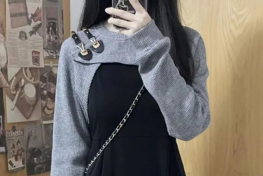 Midi A-Line Dress with Spaghetti Straps and Knit Shrug Set