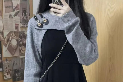 Midi A-Line Dress with Spaghetti Straps and Knit Shrug Set
