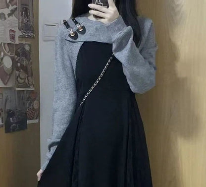 Midi A-Line Dress with Spaghetti Straps and Knit Shrug Set
