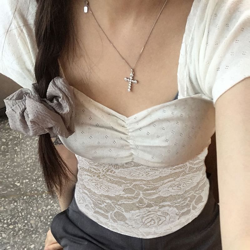 Slim-Fit Lace Panel Tee - Cropped Cap Sleeve