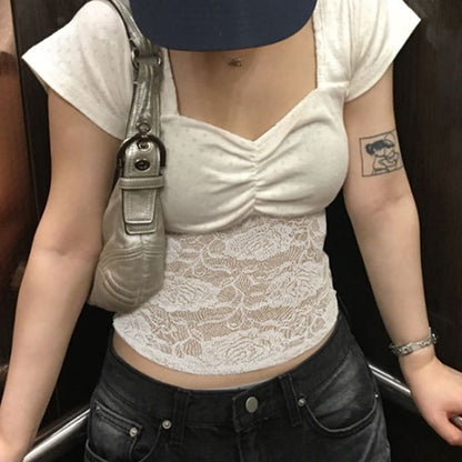 Slim-Fit Lace Panel Tee - Cropped Cap Sleeve