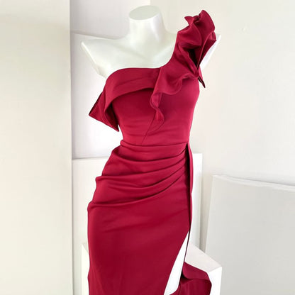 Ruched Evening Ruffle Off-Shoulder Plain Mermaid Slit Trim Gown Cap-Sleeve