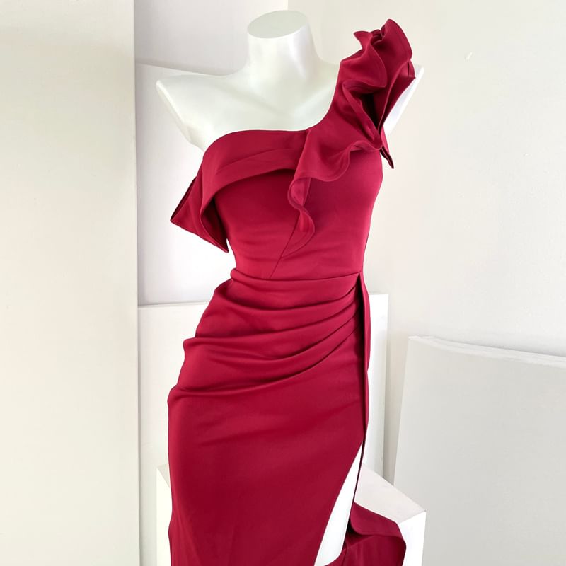 Cap-Sleeve Off-Shoulder Plain Ruffle Trim Ruched Slit Mermaid Evening Gown