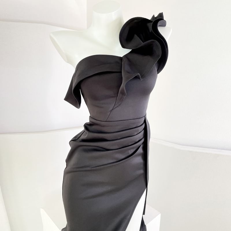 Ruched Evening Ruffle Off-Shoulder Plain Mermaid Slit Trim Gown Cap-Sleeve