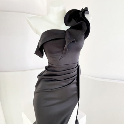 Ruched Evening Ruffle Off-Shoulder Plain Mermaid Slit Trim Gown Cap-Sleeve