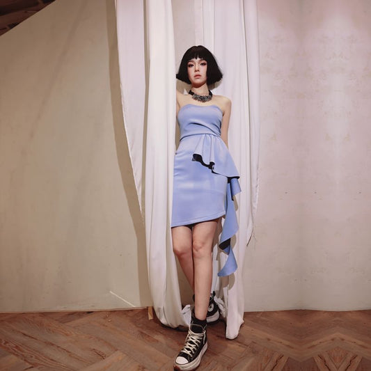 Strapless Plain Asymmetrical Ruffle Panel Mini Sheath Cocktail Dress