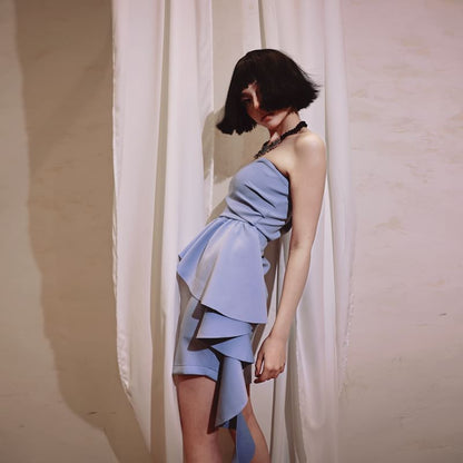 Strapless Plain Asymmetrical Ruffle Panel Mini Sheath Cocktail Dress