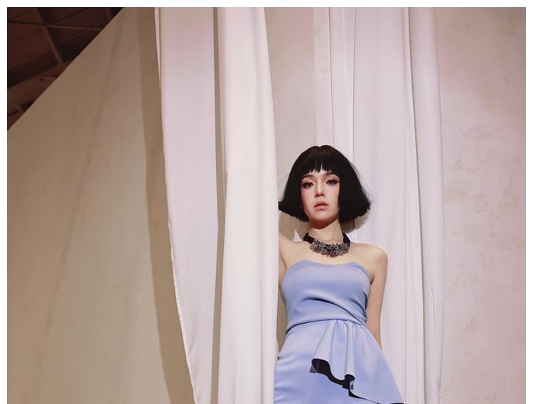 Strapless Plain Asymmetrical Ruffle Panel Mini Sheath Cocktail Dress