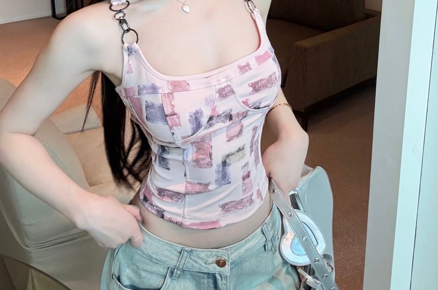 Square Neck Patterned Print Buckle Tank Top