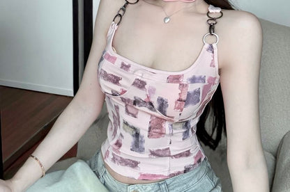 Square Neck Patterned Print Buckle Tank Top