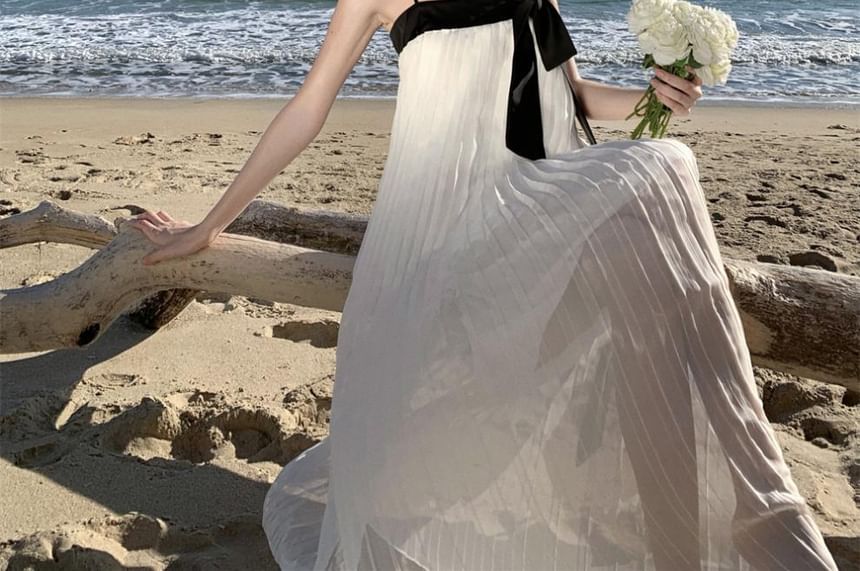 Two-Tone Pleated Panel Maxi A-Line Dress with Spaghetti Straps