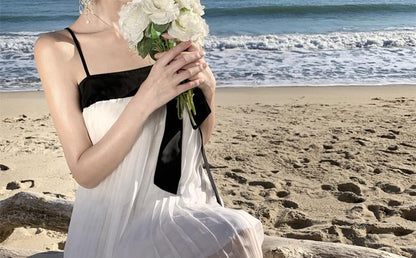 Two-Tone Pleated Panel Maxi A-Line Dress with Spaghetti Straps