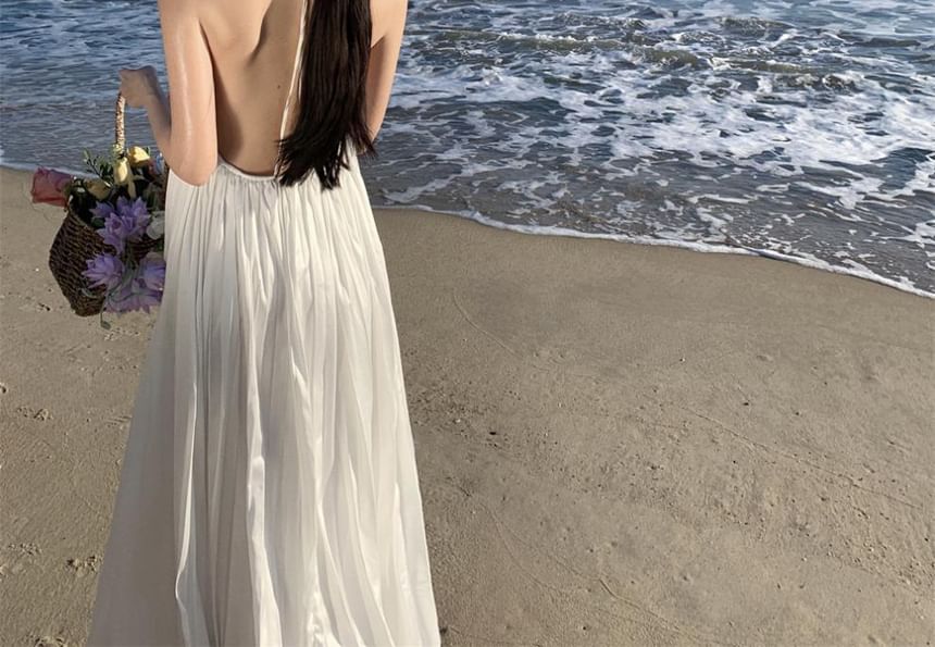 Accordion Pleated Maxi A-Line Dress with Spaghetti Straps