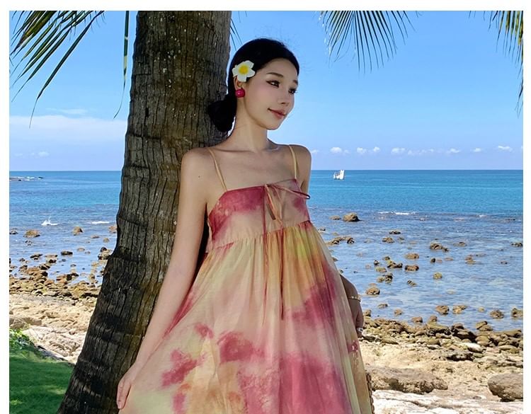 Keyhole Panel Tie-Dye Maxi A-Line Dress with Spaghetti Straps