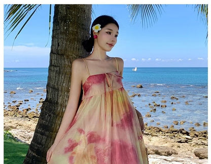 Keyhole Panel Tie-Dye Maxi A-Line Dress with Spaghetti Straps