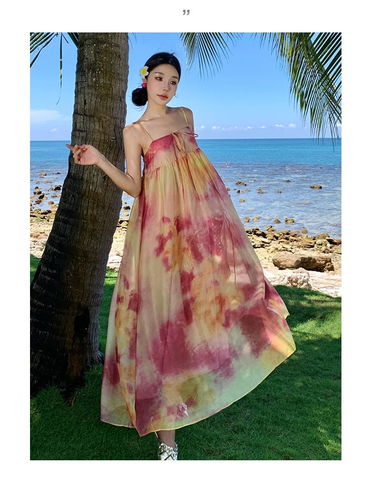 Keyhole Panel Tie-Dye Maxi A-Line Dress with Spaghetti Straps