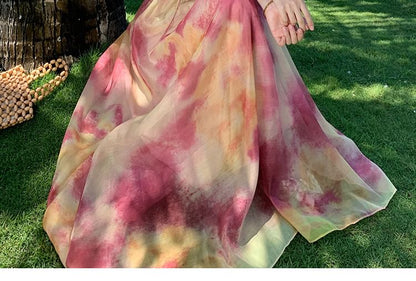 Keyhole Panel Tie-Dye Maxi A-Line Dress with Spaghetti Straps