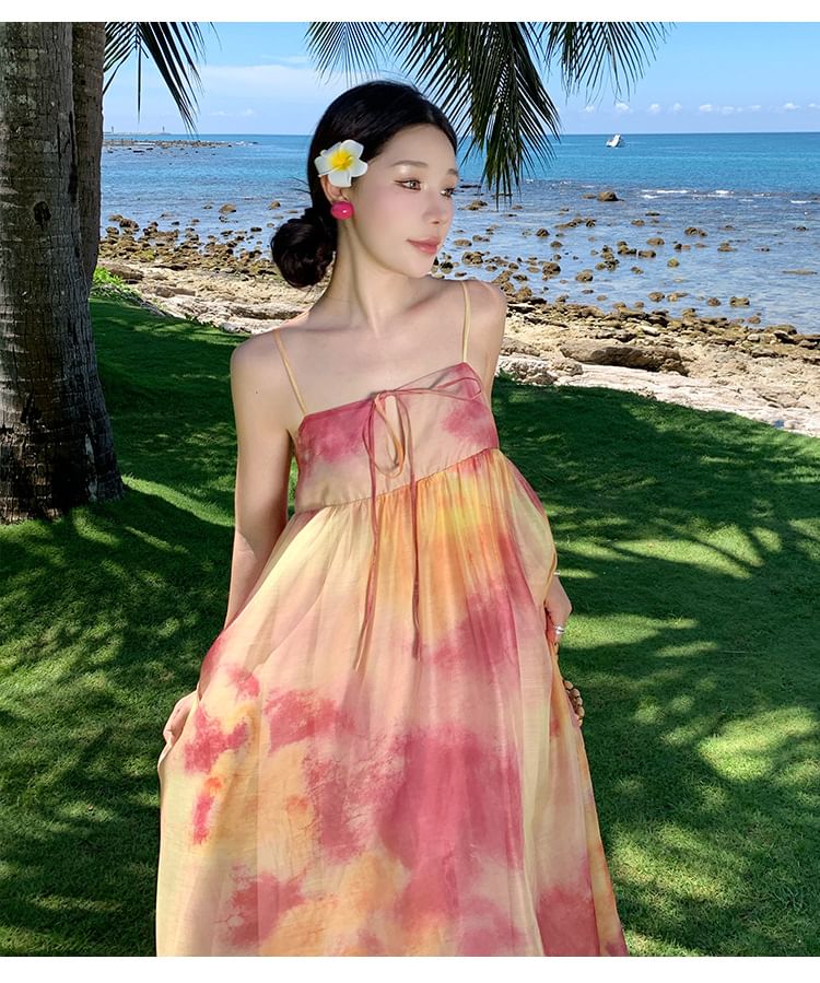 Keyhole Panel Tie-Dye Maxi A-Line Dress with Spaghetti Straps