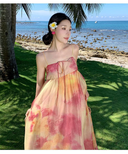 Keyhole Panel Tie-Dye Maxi A-Line Dress with Spaghetti Straps