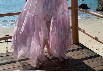 Tie-Dye Asymmetric Maxi A-Line Dress with Spaghetti Straps