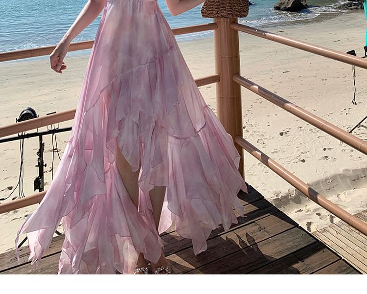 Tie-Dye Asymmetric Maxi A-Line Dress with Spaghetti Straps