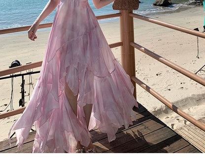 Tie-Dye Asymmetric Maxi A-Line Dress with Spaghetti Straps