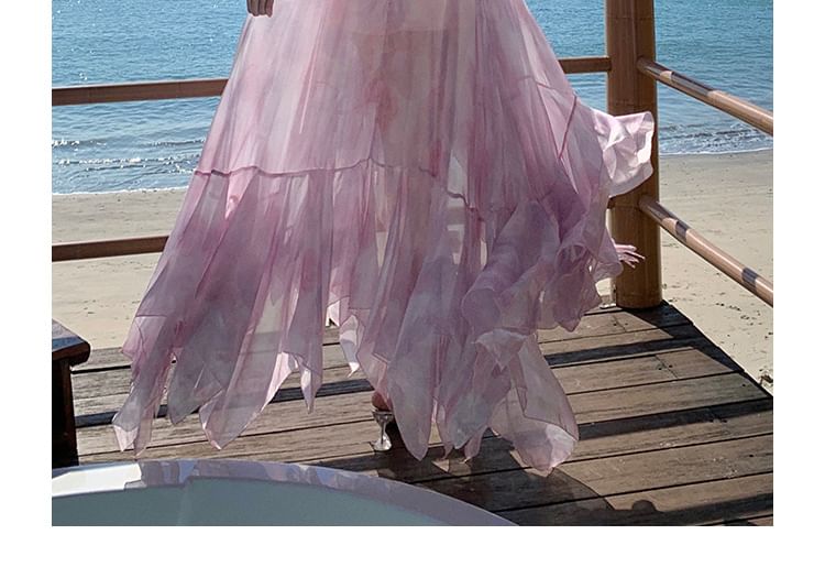 Tie-Dye Asymmetric Maxi A-Line Dress with Spaghetti Straps