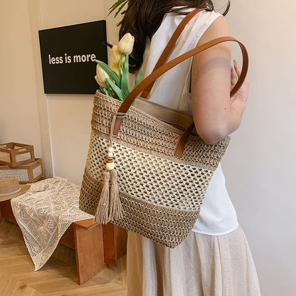 Two-Tone Woven Tassel Tote Bag