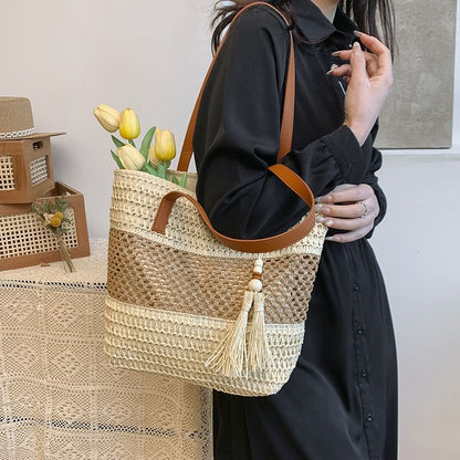 Two-Tone Woven Tassel Tote Bag