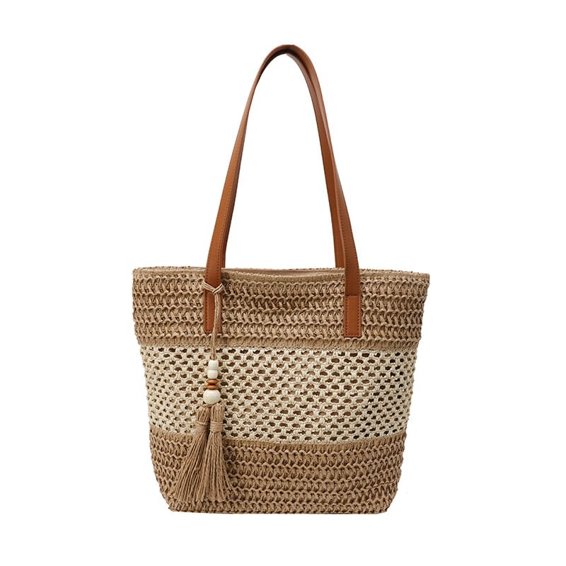 Two-Tone Woven Tassel Tote Bag
