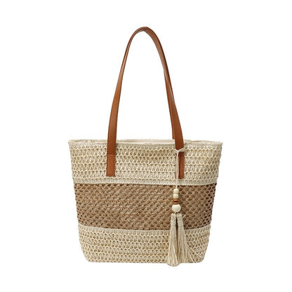 Two-Tone Woven Tassel Tote Bag