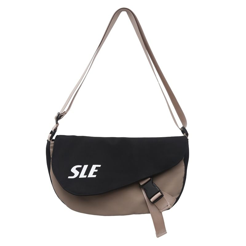 Lettering Two-Tone Buckled Flap Crossbody Bag