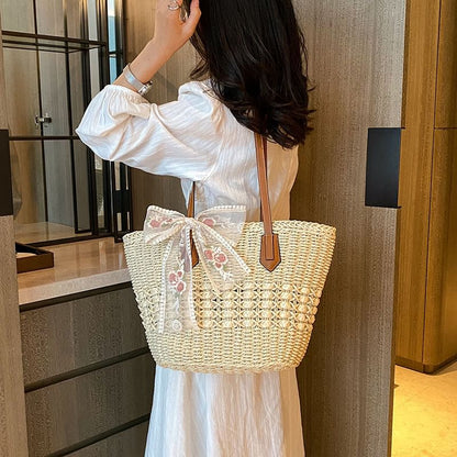 Floral Embroidered Lace Bow Woven Tote Bag