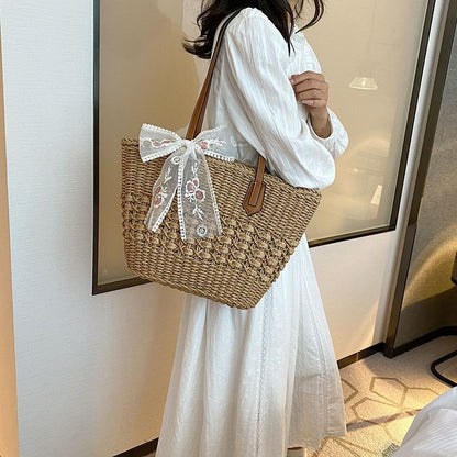 Floral Embroidered Lace Bow Woven Tote Bag