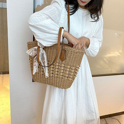 Floral Embroidered Lace Bow Woven Tote Bag