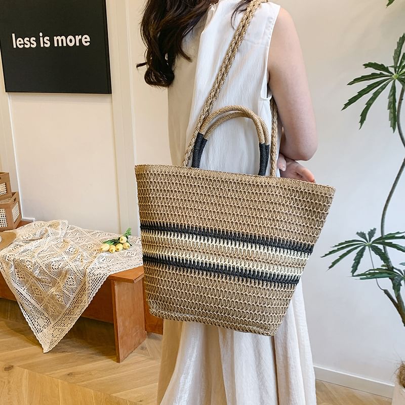 Striped Top Handle Woven Crossbody Bag