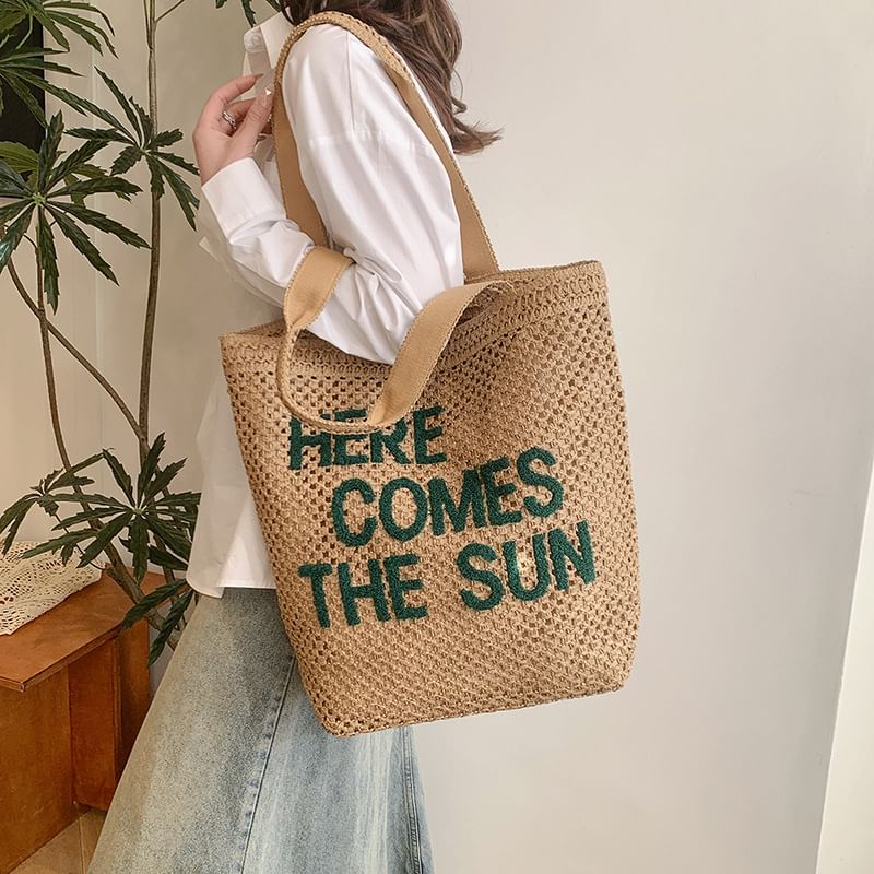 Letter Embroidered Woven Tote Bag